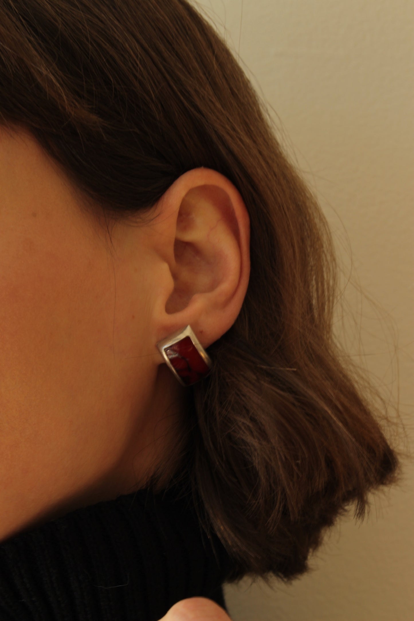 Vintage Modernist Red Jasper & Sterling Silver Bracelet & Earrings Set