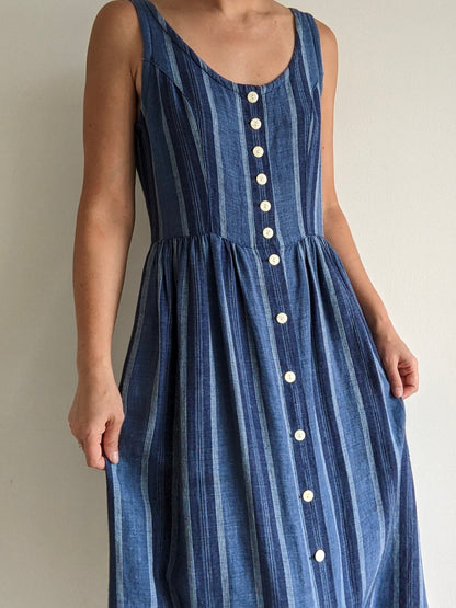 Vintage Indigo Striped Linen Market Dress
