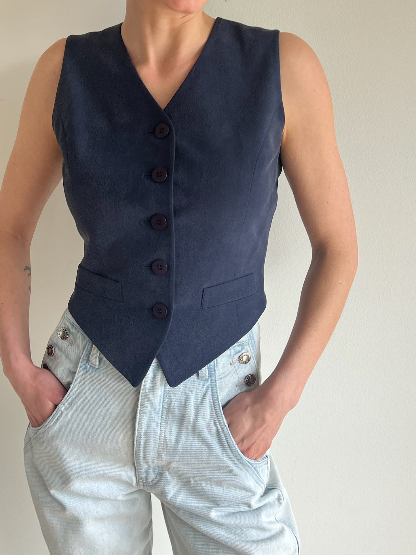 Vintage Navy Cropped Silk Vest