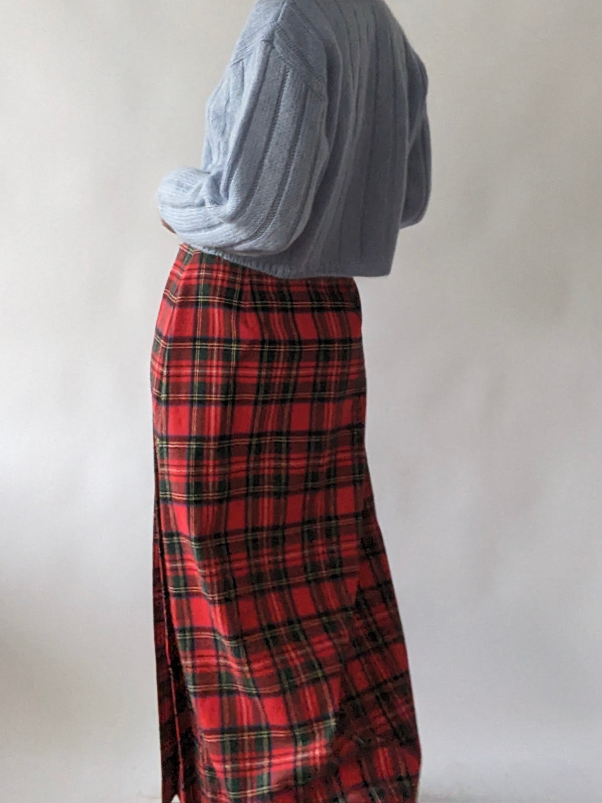 Vintage Fringed & Pleated Plaid Wool Wrap Skirt