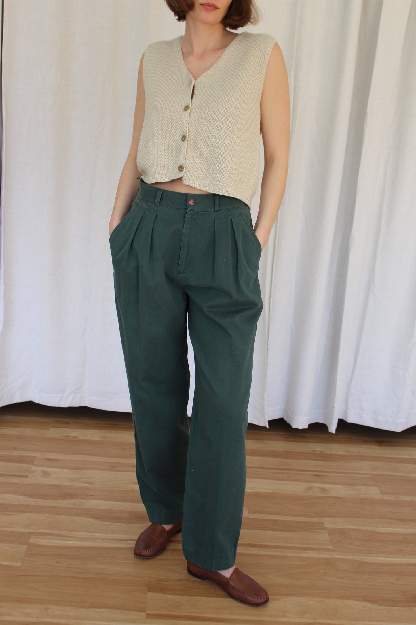 Vintage Evergreen Pleated Cotton Trousers