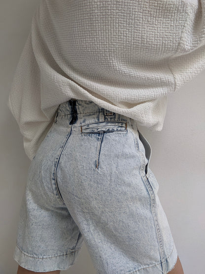 Vintage Acid-Washed Pleated Denim Shorts