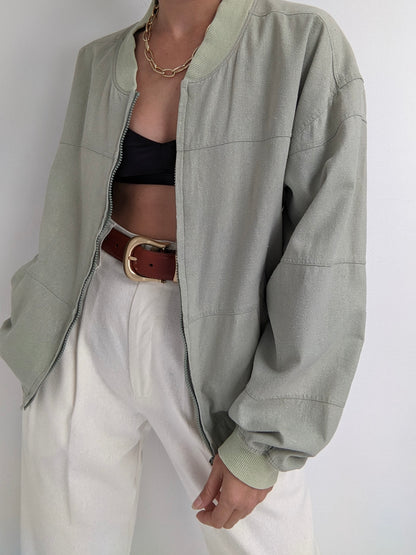 Vintage Pistachio Raw Silk Bomber Jacket