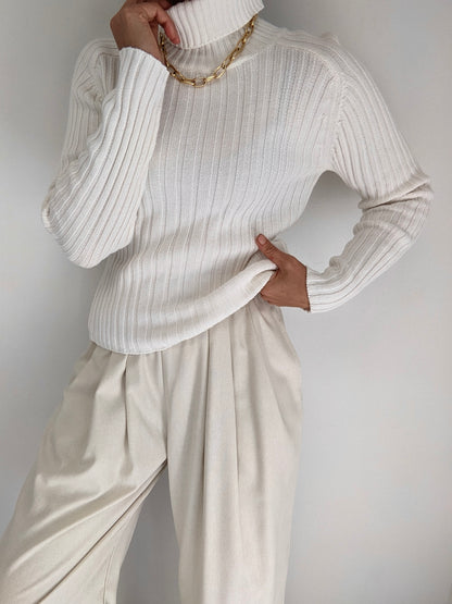 90s Ivory Ribbed Cotton Turtleneck