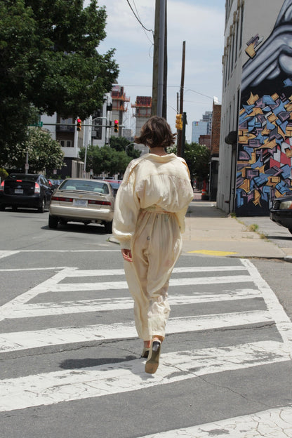 Vintage Block-Printed Butter Silk Jumpsuit
