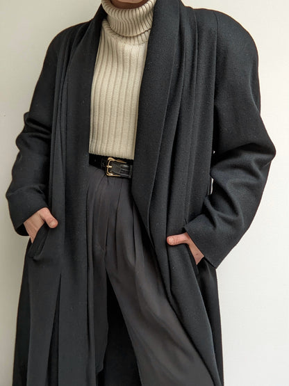 Vintage Onyx Pleated Open Wool Coat