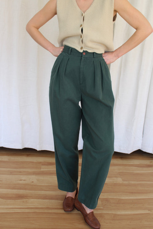 Vintage Evergreen Pleated Cotton Trousers