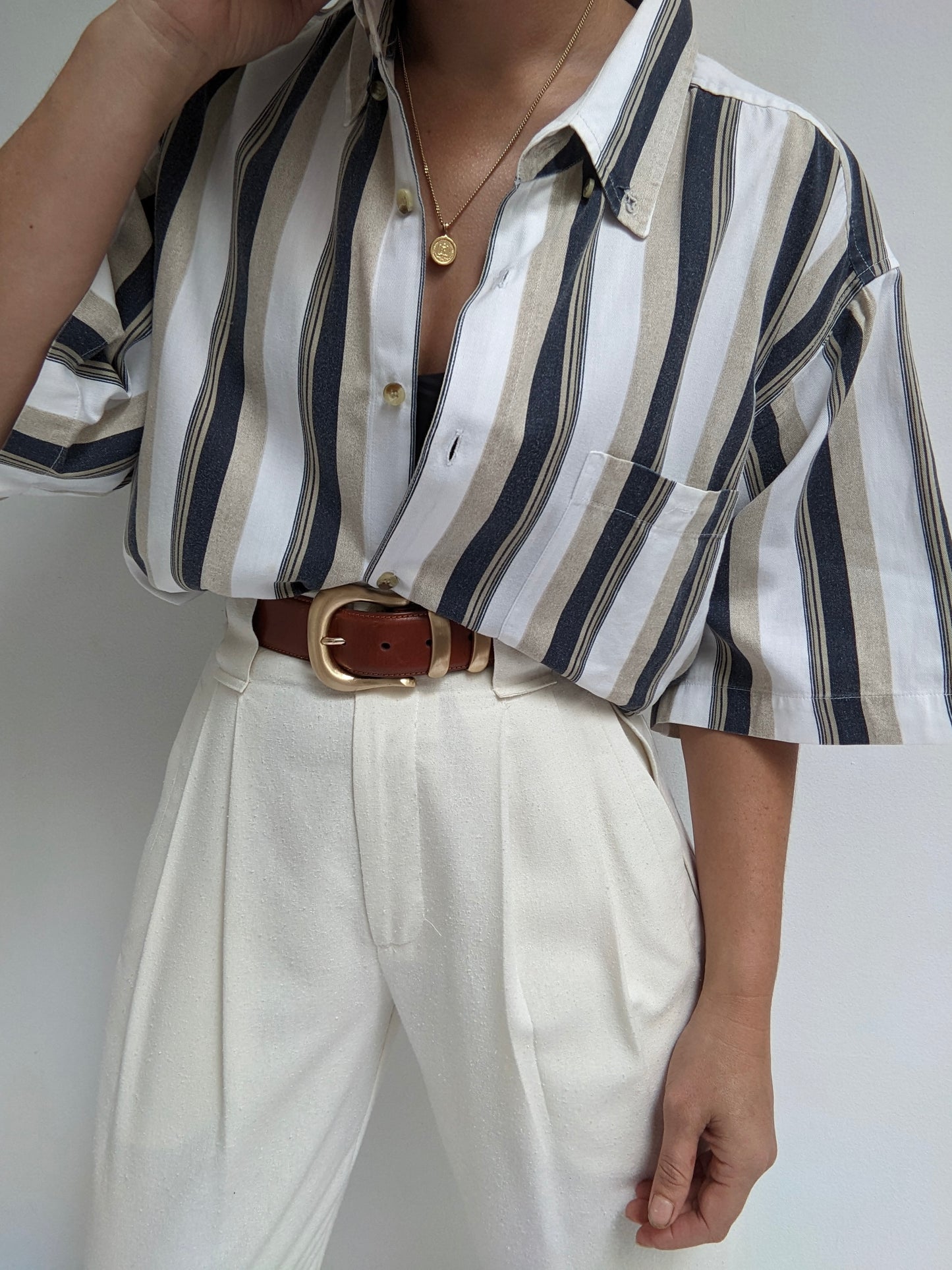 Vintage Sand & Faded Black Striped Button Down