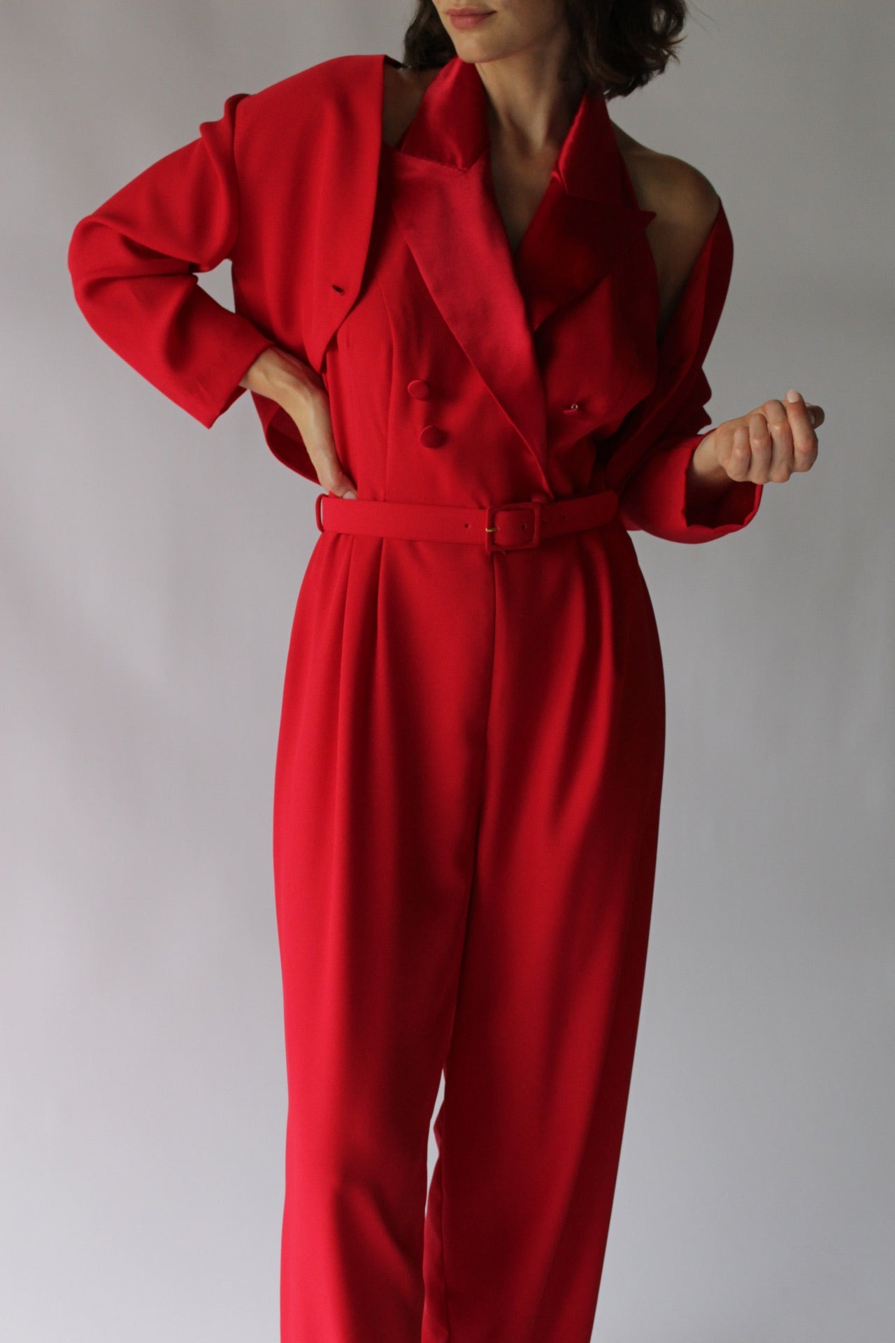 Vintage Crimson Halter Jumpsuit & Bolero Set