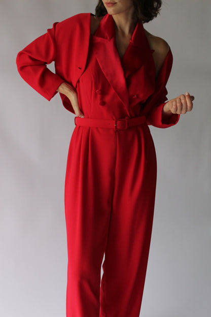 Vintage Crimson Halter Jumpsuit & Bolero Set