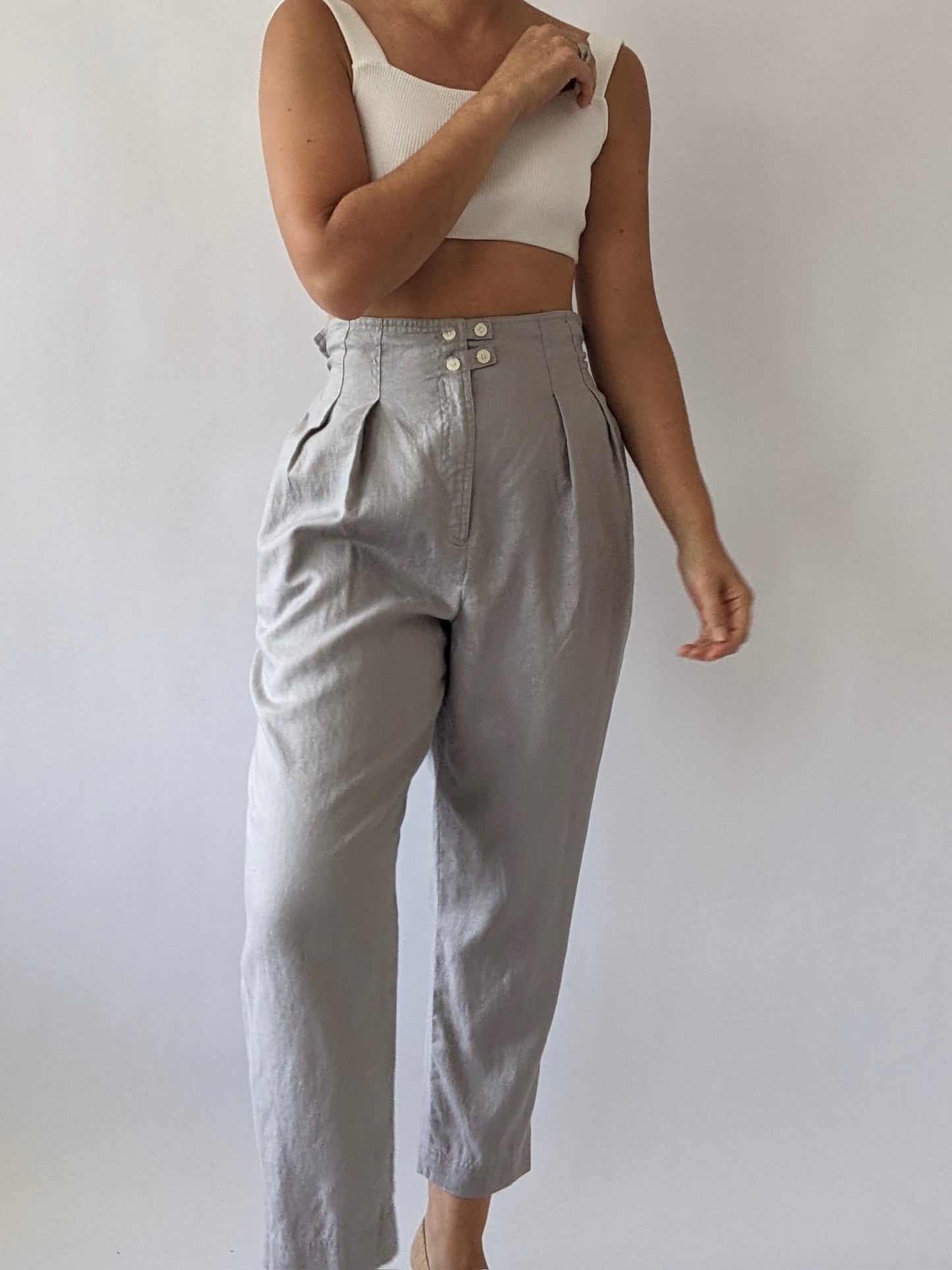 Vintage Stone Pleated Linen Trousers