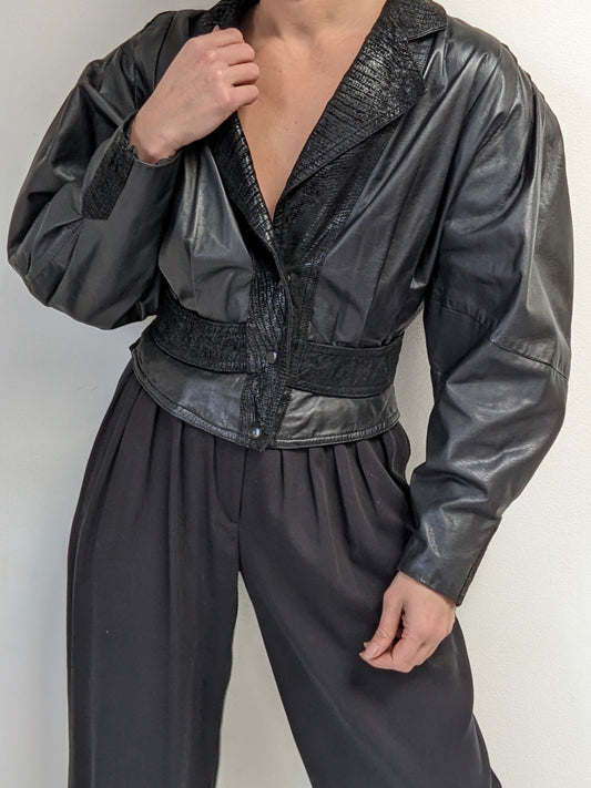 Bold Vintage Cropped Black Leather Bomber