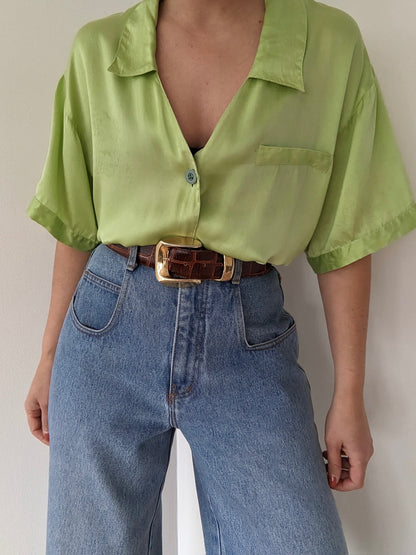 Vintage Chartreuse Silk Satin Blouse