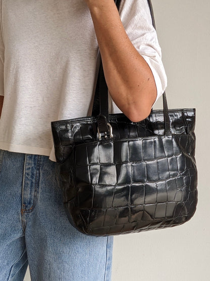 Vintage Paola Del Lungo Croc-Embossed Leather Tote