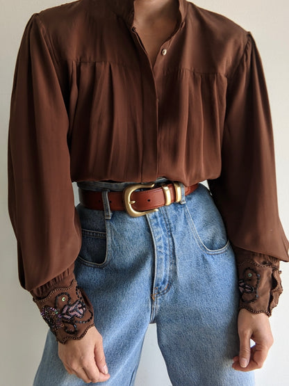 Lovely Vintage Cocoa Pleated Silk Blouse