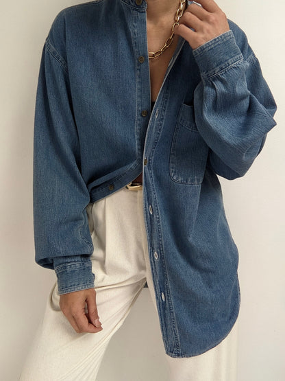 90s Collarless Denim Shirt