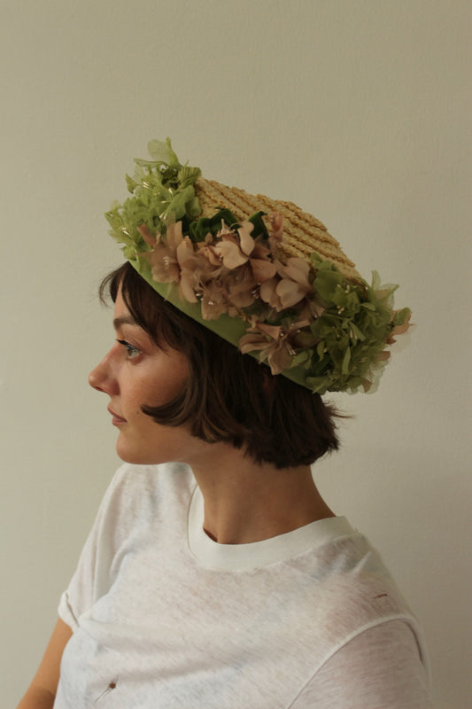 Vintage Floral Trim Woven Straw Hat