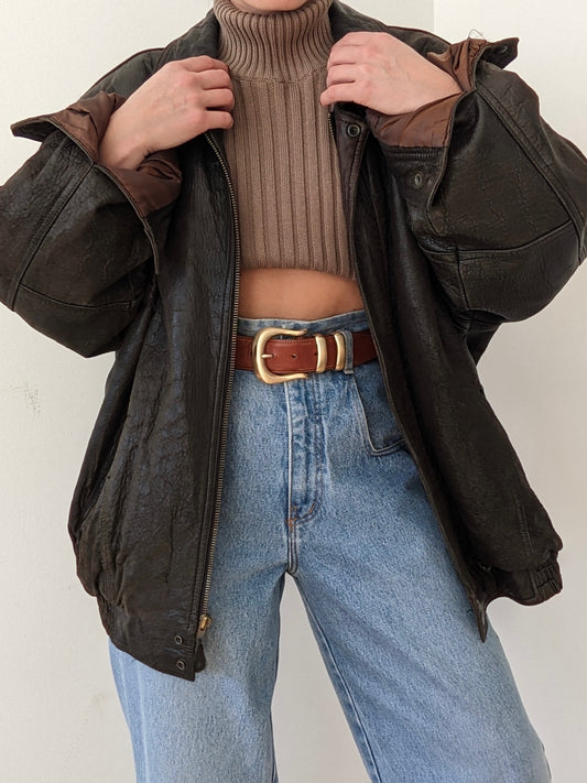 Vintage Espresso Pebbled Leather Bomber Jacket