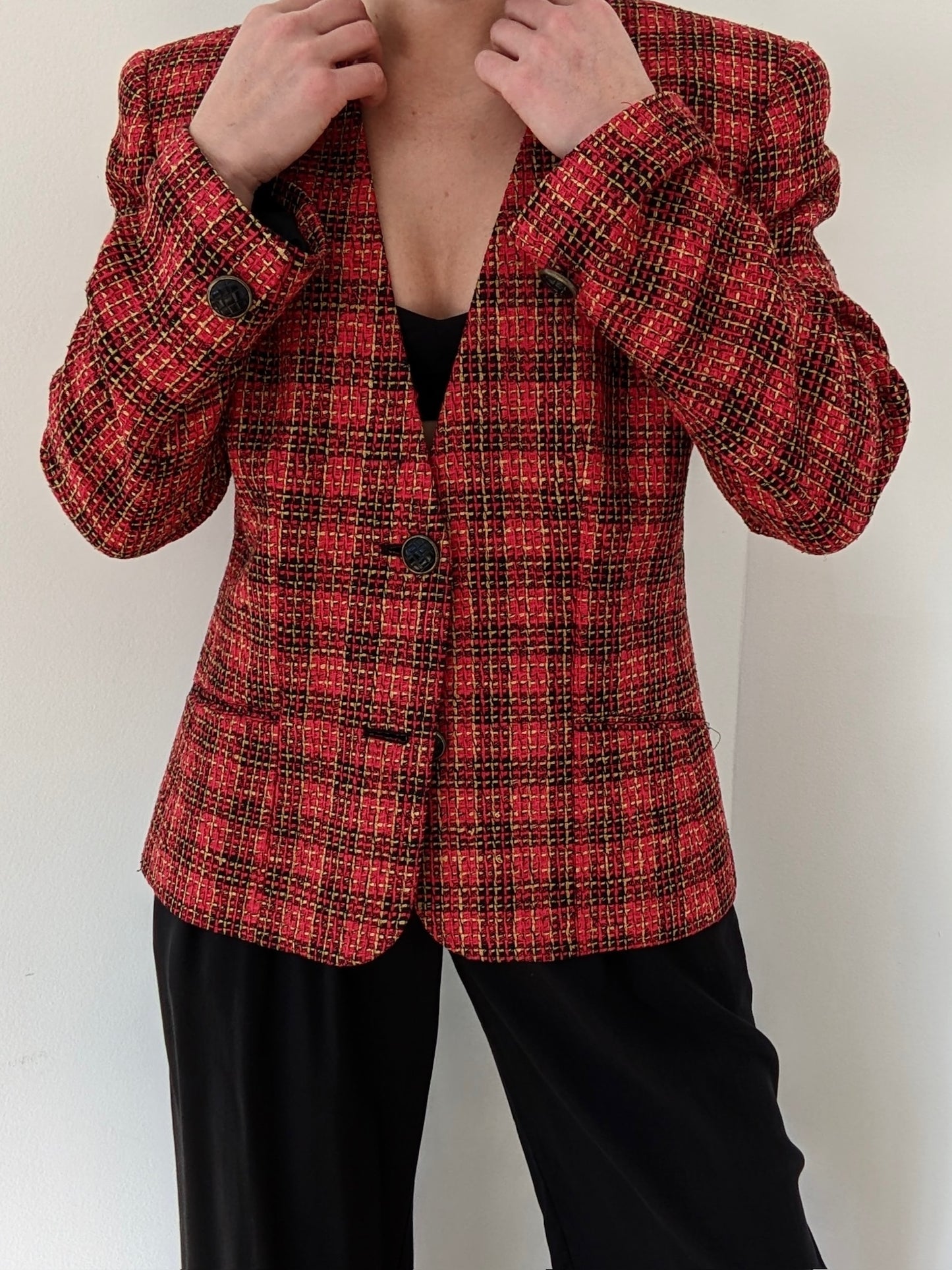 Vintage Crimson Plaid Woven Silk Blazer