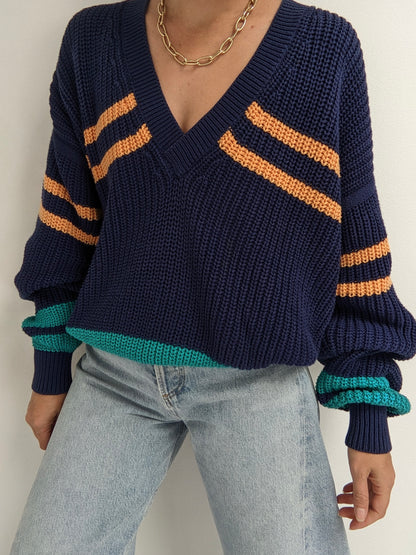 Vintage Striped Blue Cotton V-Neck Sweater