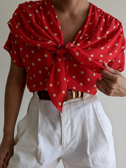 Sweetest Vintage Silk Polka Dot Tie Blouse