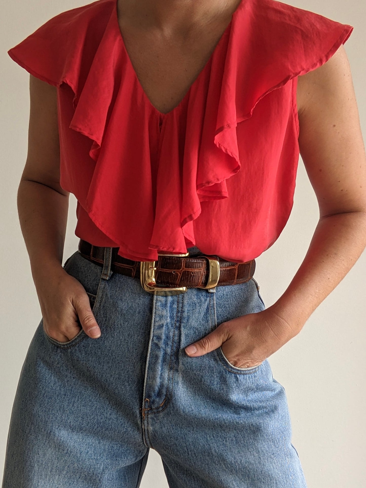 Vintage Sleeveless Ruffled Silk Blouse