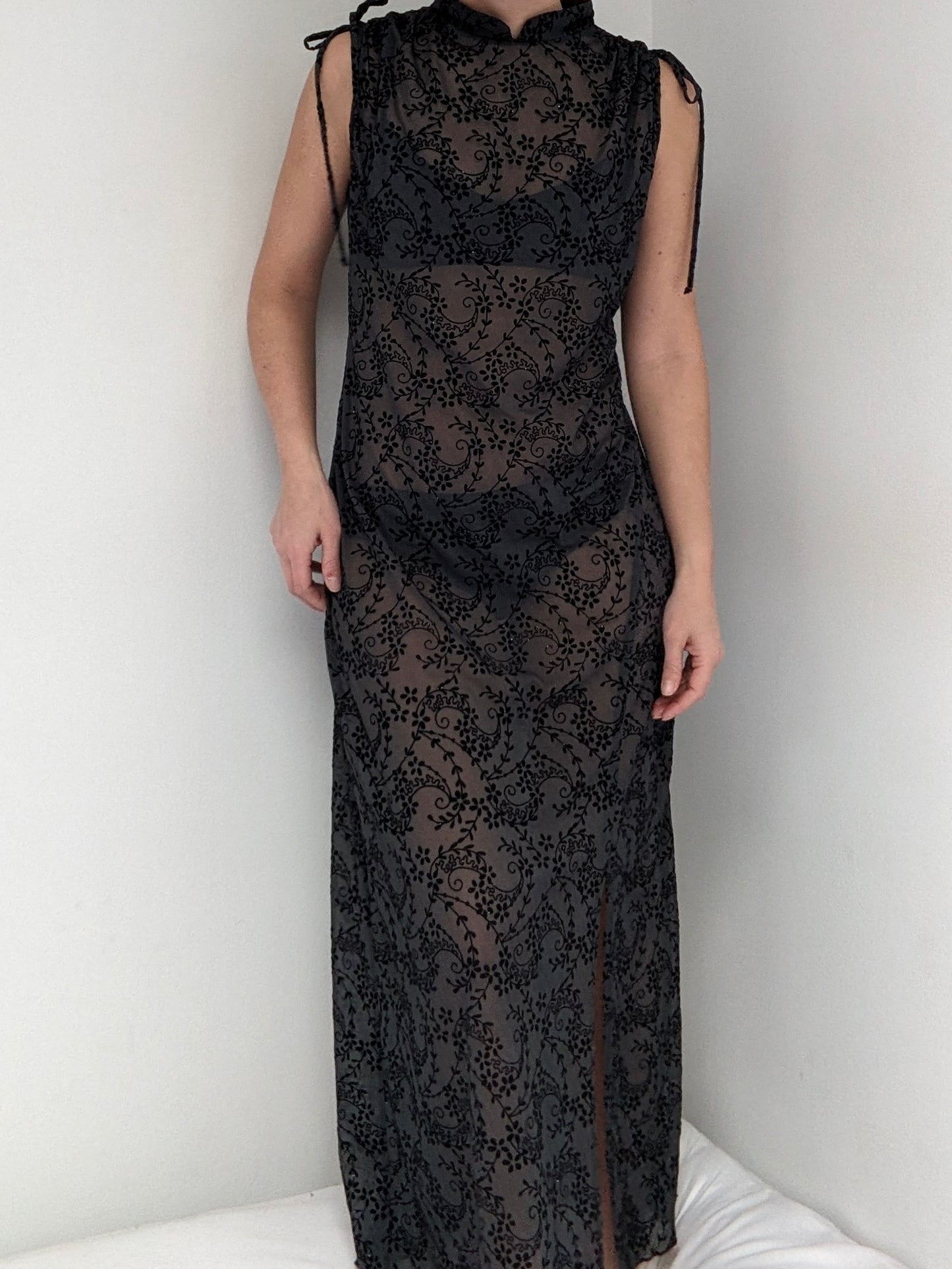 Vintage Sheer Smoke & Velvet Pattern Evening Dress