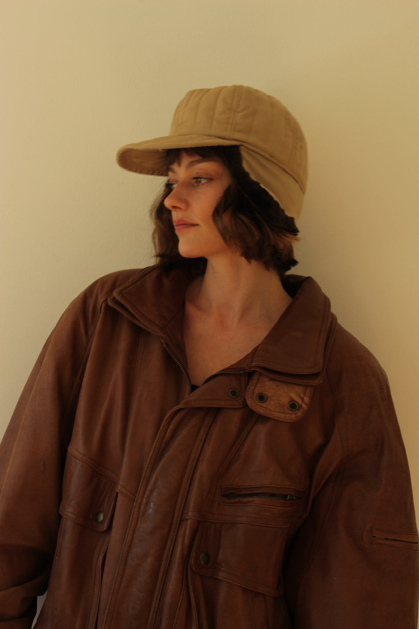 Vintage Quilted Khaki & Faux Fur Trapper Hat