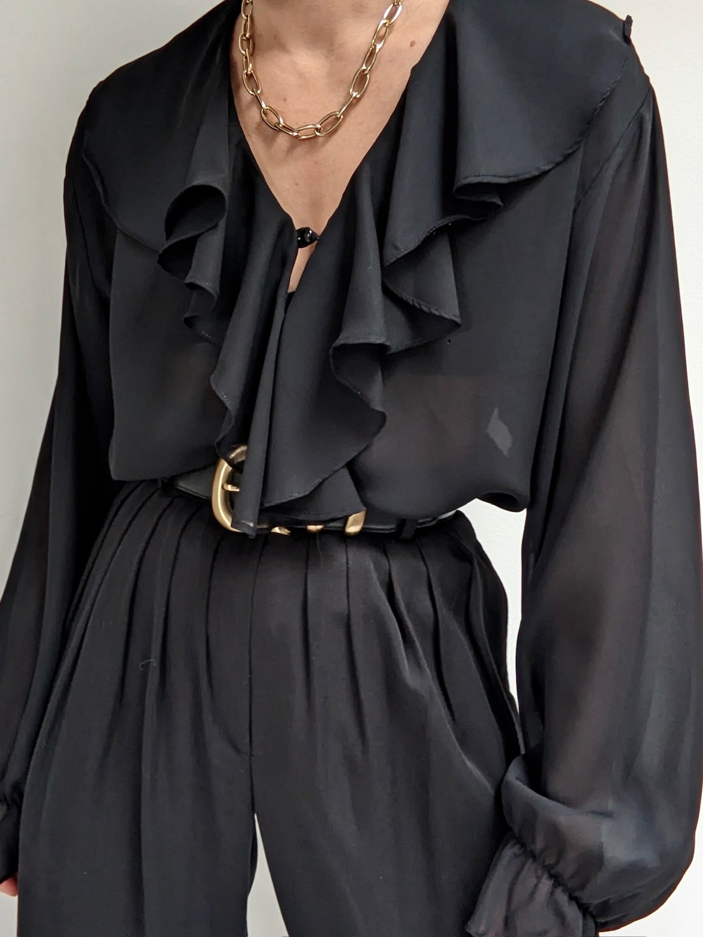 Vintage Sheer Black Ruffled Blouse