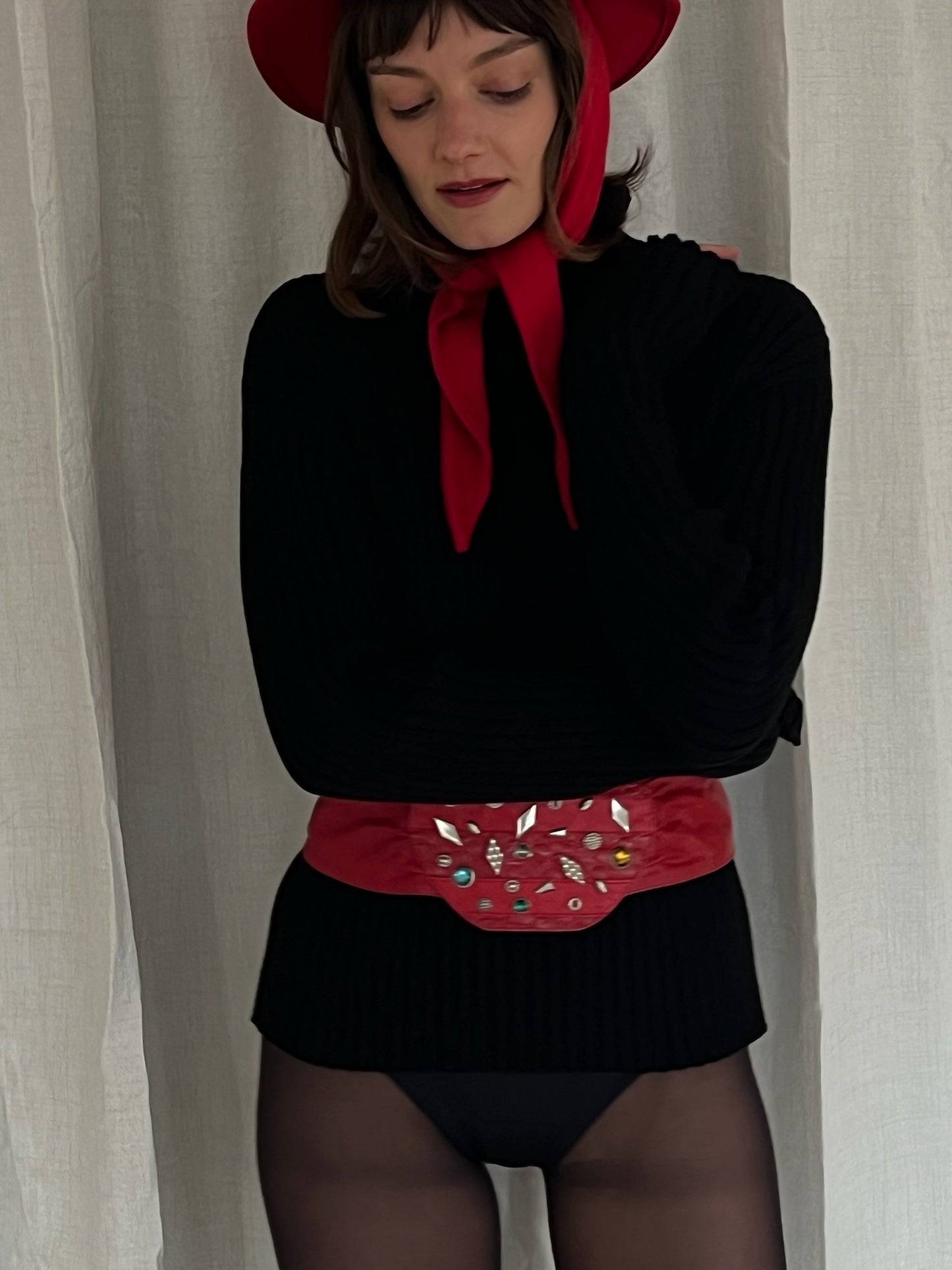 Fun Vintage Embellished Holiday Red Leather Belt