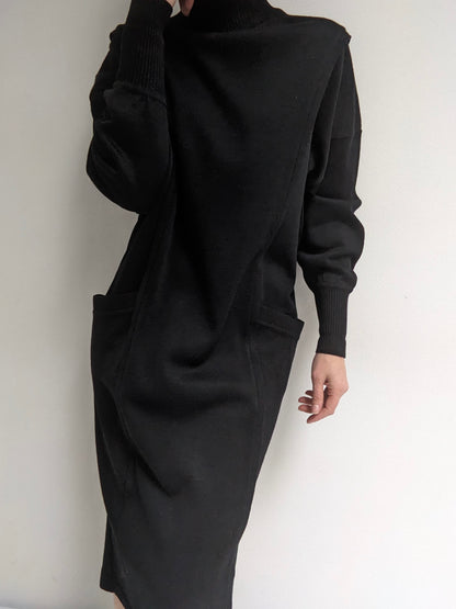 Beautiful Vintage Belted Black Wool Dress