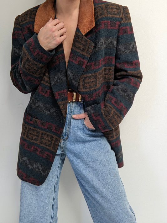 Vintage Printed Wool & Leather Blazer