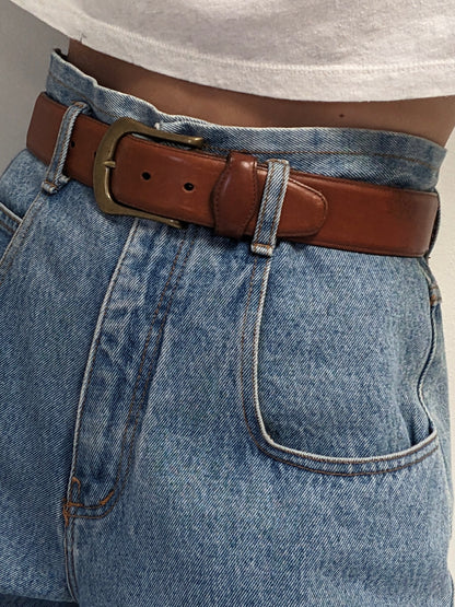 Vintage Saddle Brown Leather & Solid Brass Belt