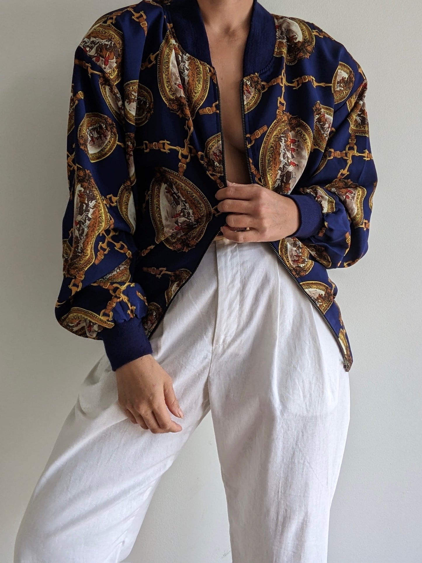 Vintage Equestrian Print Bomber Jacket