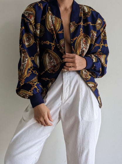 Vintage Equestrian Print Bomber Jacket