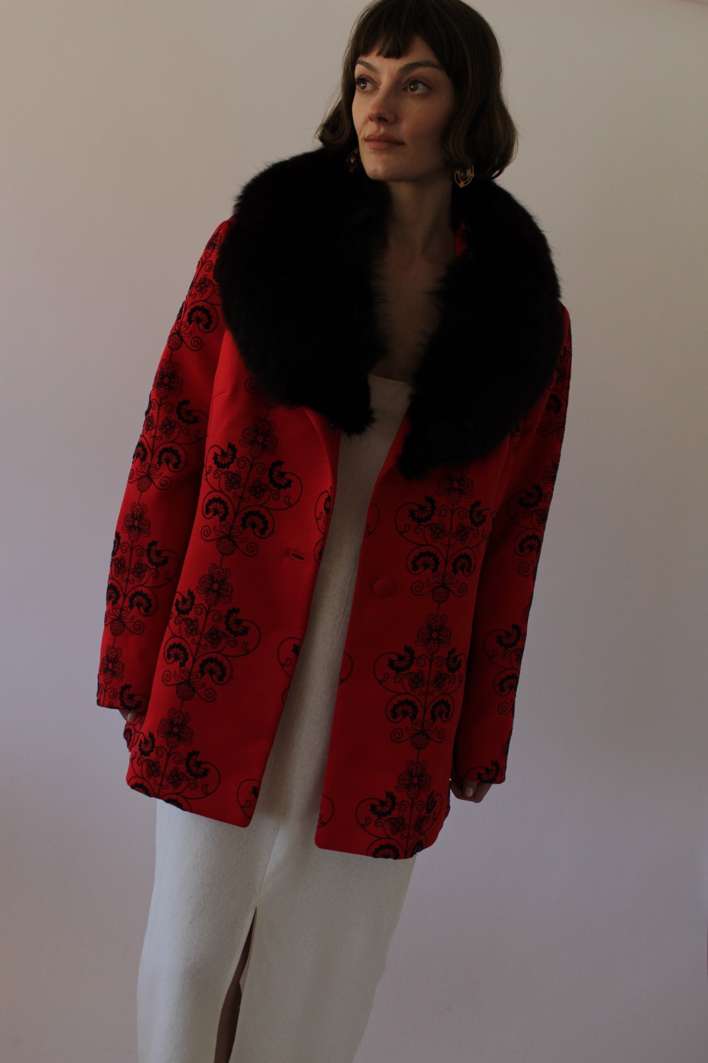 Incredible Vintage Crimson Embroidered Fur-Collar Jacket