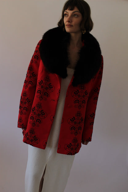 Incredible Vintage Crimson Embroidered Fur-Collar Jacket