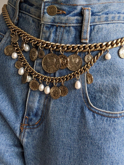 Statement Vintage Coin & Faux Pearl Chain Belt
