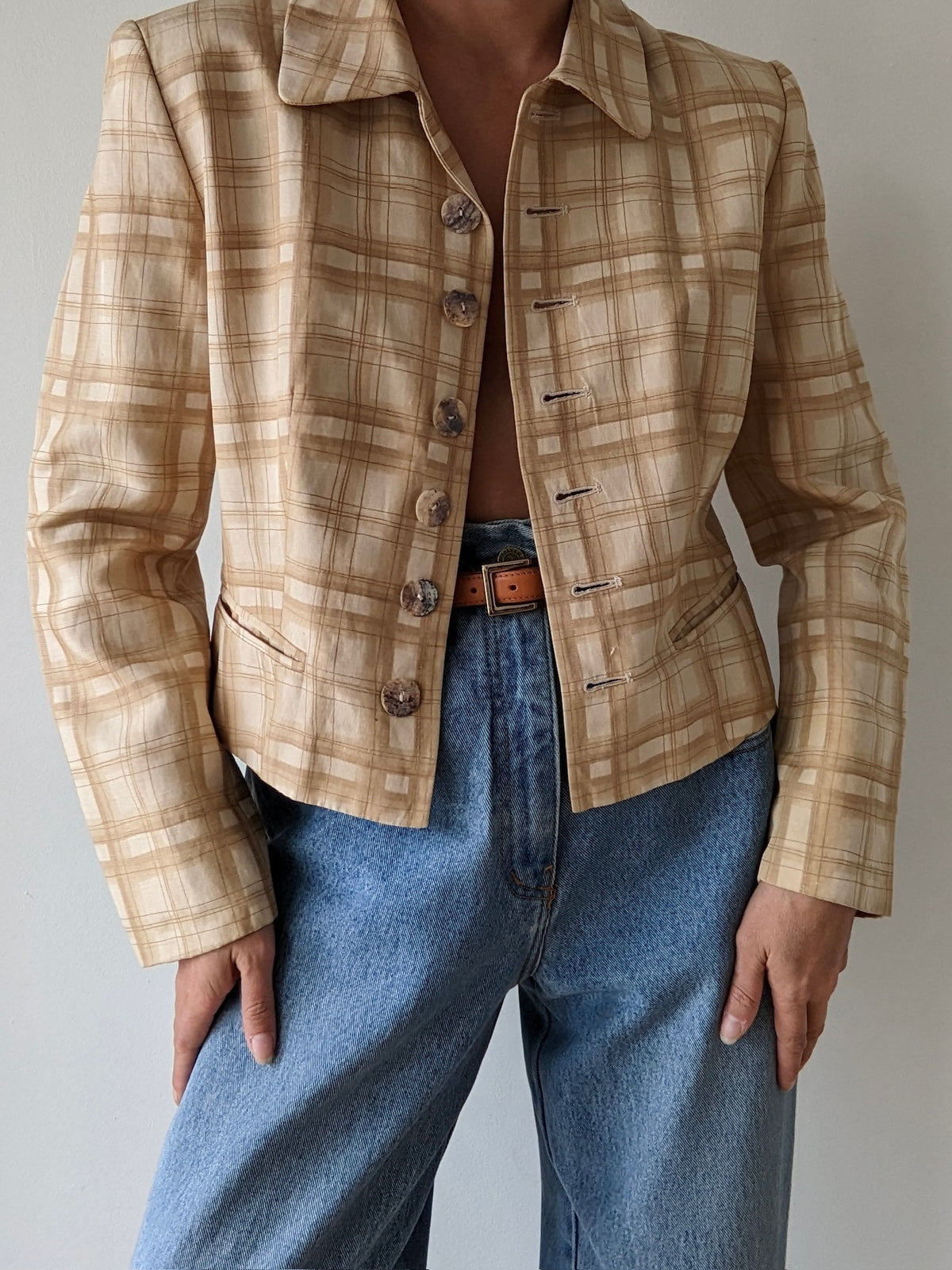 Vintage Sand Plaid Silk Cropped Jacket