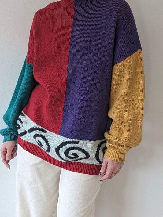 Vintage Color Block Swirl Sweater