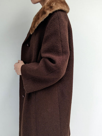 Gorgeous Vintage Chocolate Bouclé Wool & Fur Coat