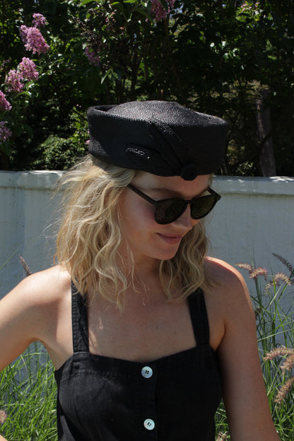 Vintage Black Woven Straw Pillbox Hat