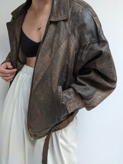 Vintage Pebbled Leather Belted Bomber Jacket