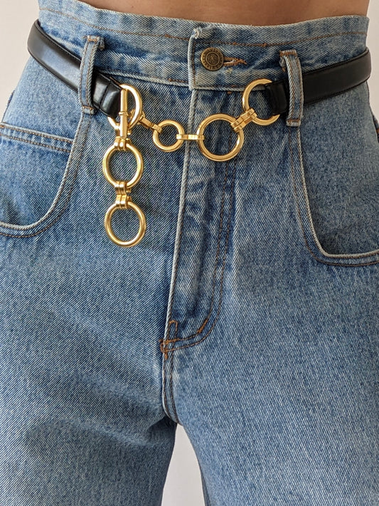 Vintage Black Leather & Gold Chain Belt