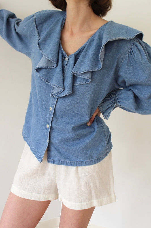 Vintage Denim Ruffled Blouse