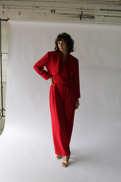 Vintage Crimson Halter Jumpsuit & Bolero Set