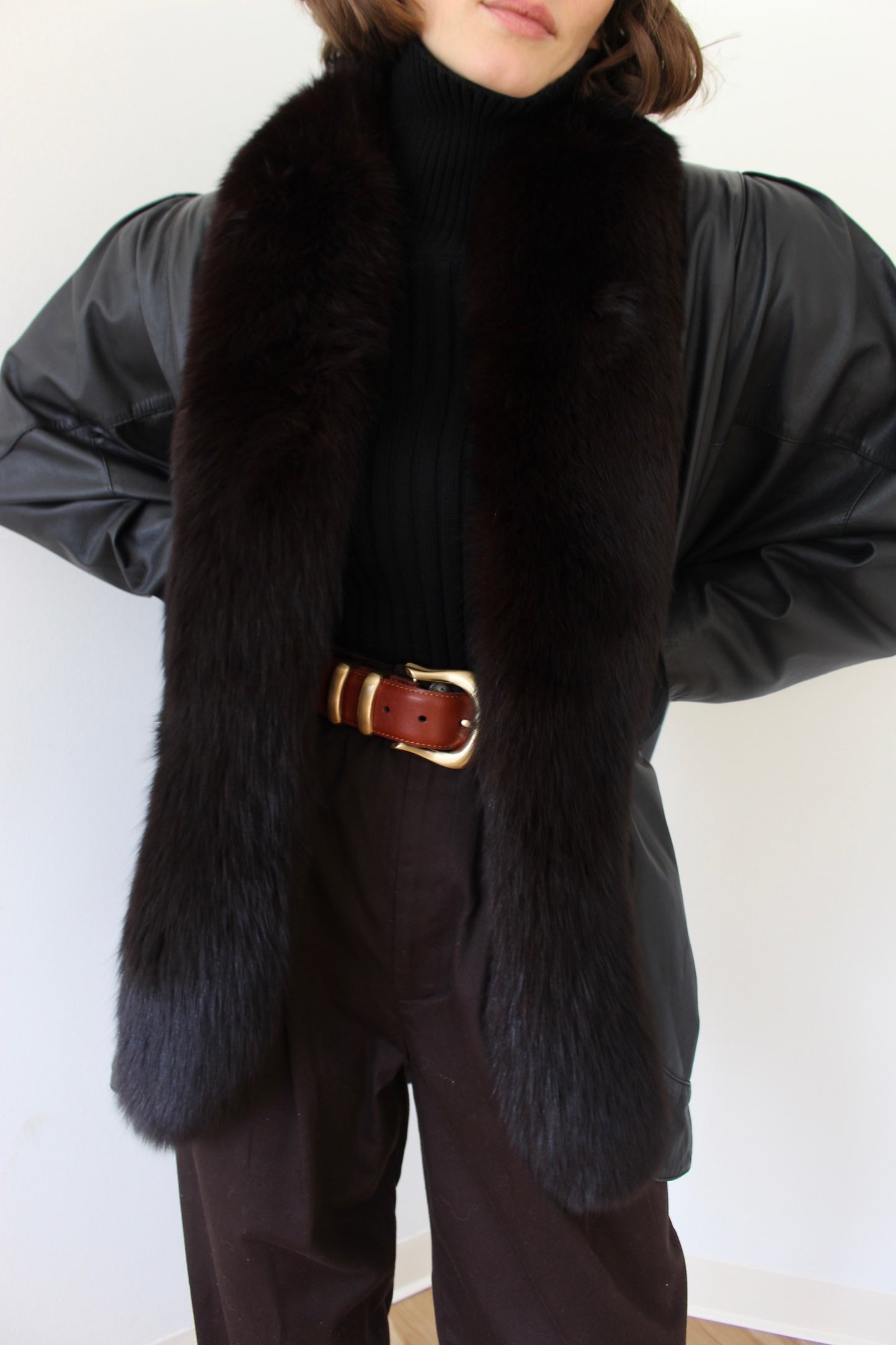 Amazing Vintage Ink Leather & Fur Trim Jacket