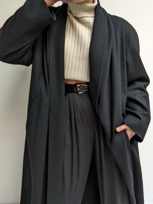 Vintage Onyx Pleated Open Wool Coat