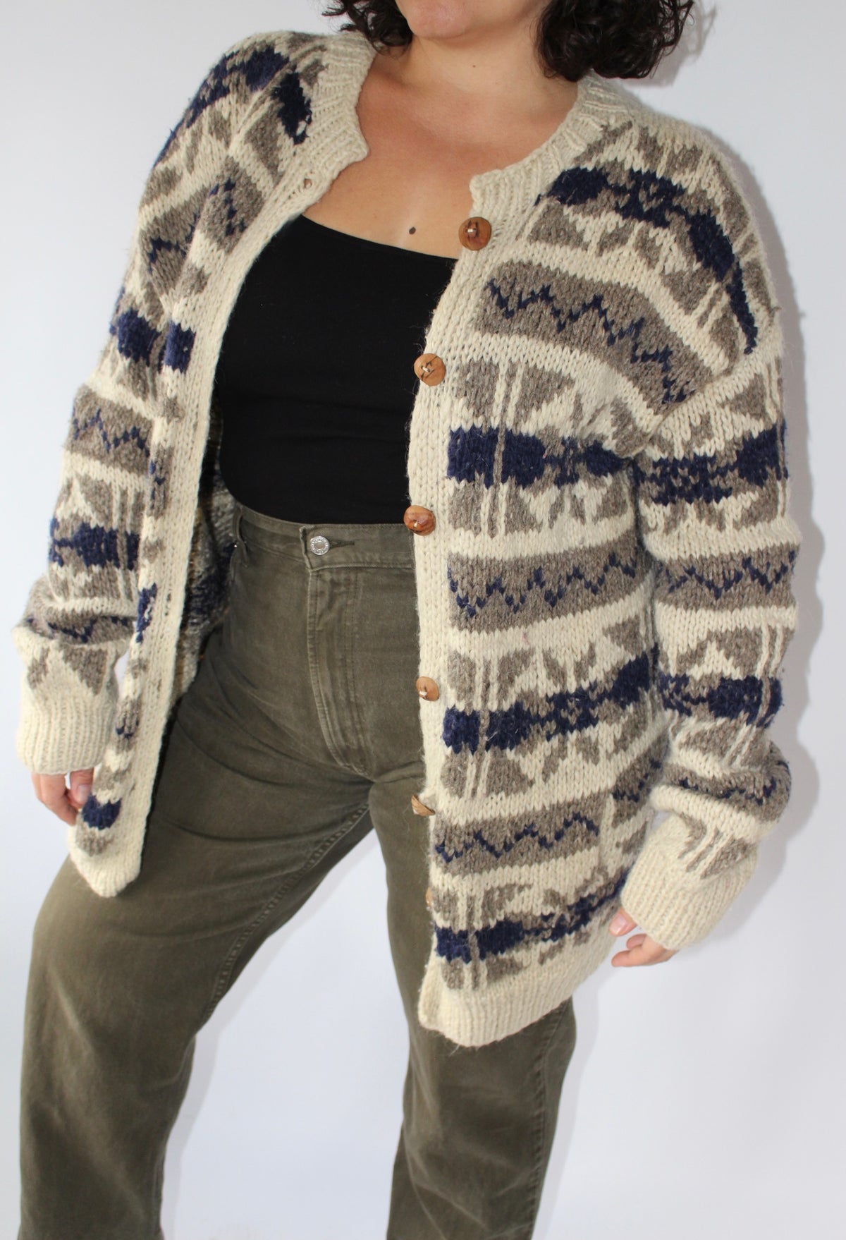 Vintage Hand Knit Patterned Wool Cardigan