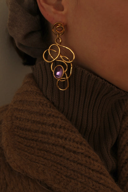 Vintage Ribboned Gold & Faux Amethyst Gem Earrings